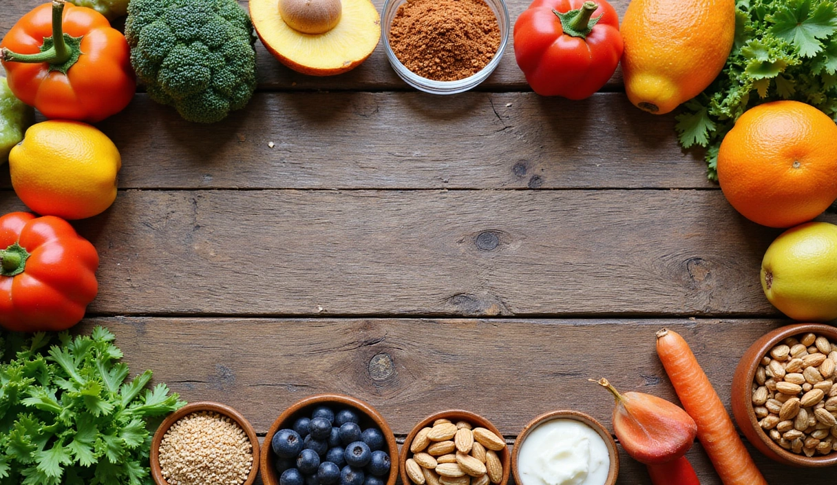 A vibrant flat lay of various healthy foods like fruits, vegetables, nuts, and whole grains, arranged aesthetically on a rustic wooden table, symbolizing a balanced diet and wellness journey.