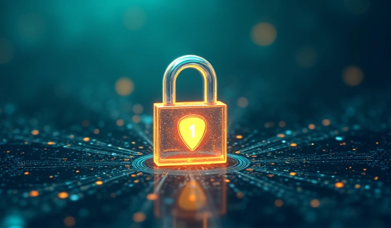 Secure data privacy concept with padlock and digital shield